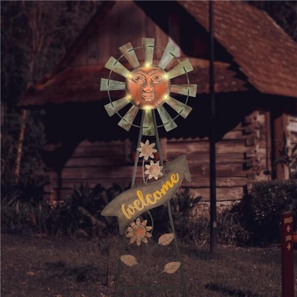 Wind Spinner Yard Art Sign for Outside 26'' Bronze Metal Sun Face Windmill Decor - Picture 2 of 7